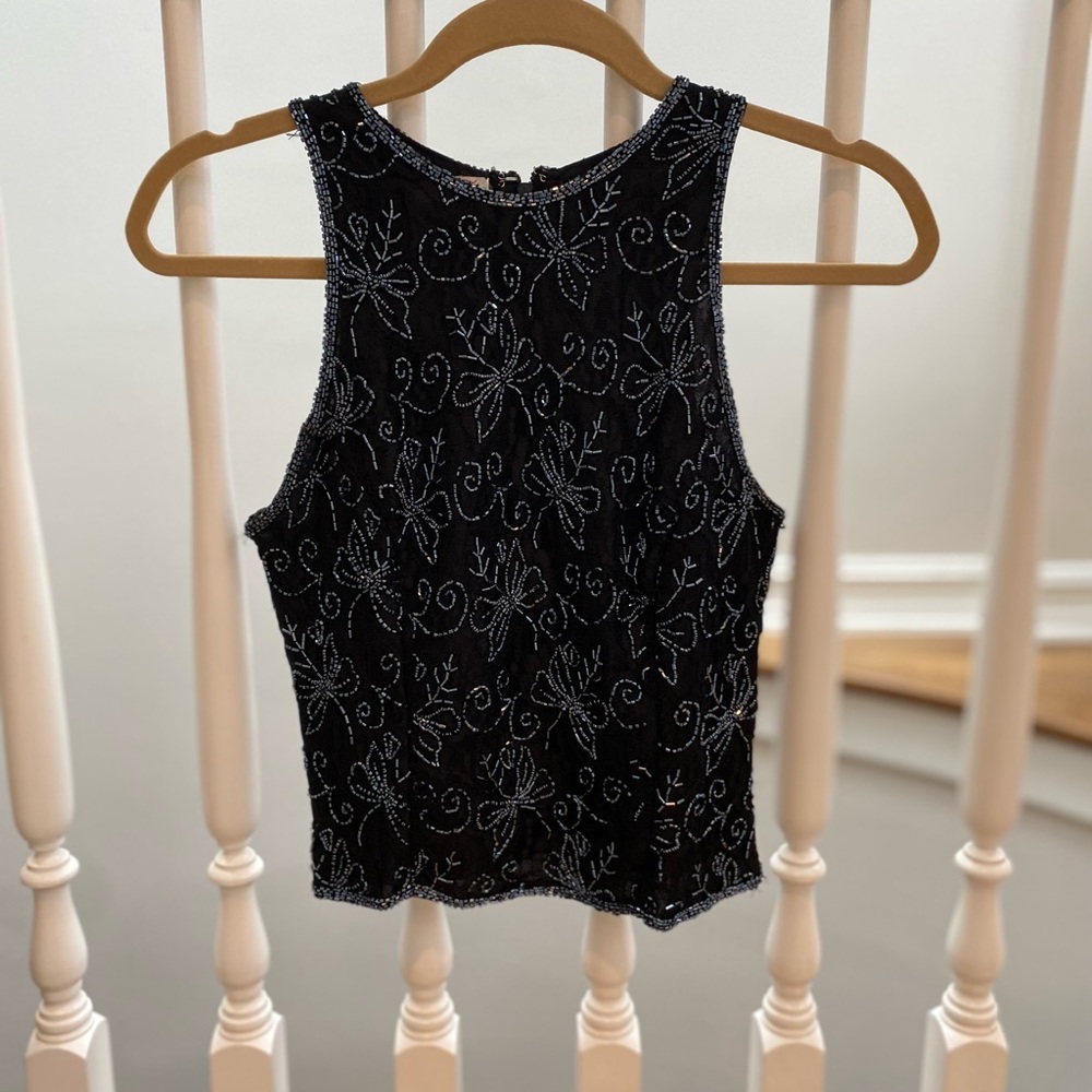 Laurence Kazar Black Floral Embroidered Tank Top